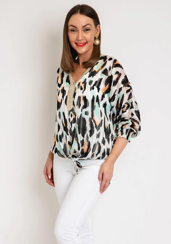 Massive Savings Serafina Collection One Size Tie Leopard Print Light Top, Black & Mint
