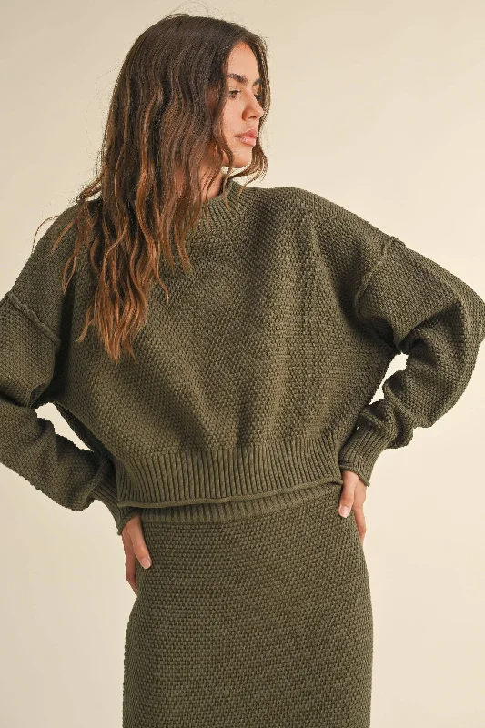 Weekend Discounts to Grab Mock Neck Waffle Sweater - Olive