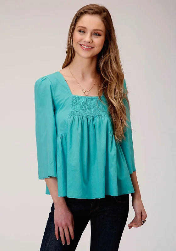 Daily Deals Roper Womens Turquoise 100% Cotton Bell Sleeve S/S Blouse