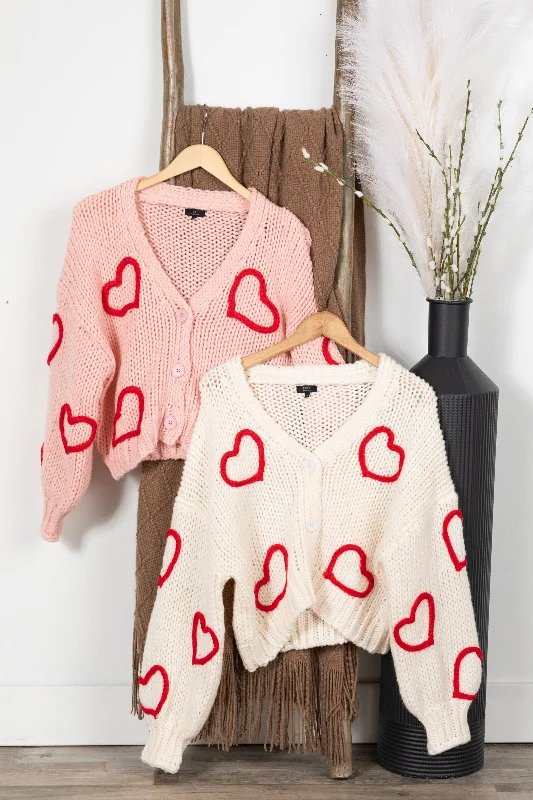 Celebrate the Weekend with Discounts Button Up Cardigan With Embroidered Hearts