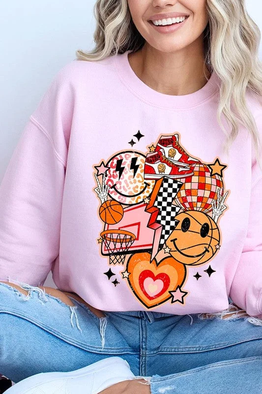 Weekend Savings Fiesta Smile Face Basketball Graphic Fleece Sweatshirts