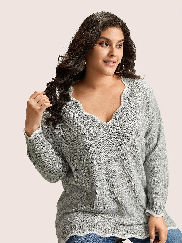 Steal Deal Contrast Split Side Scalloped Trim Pullover