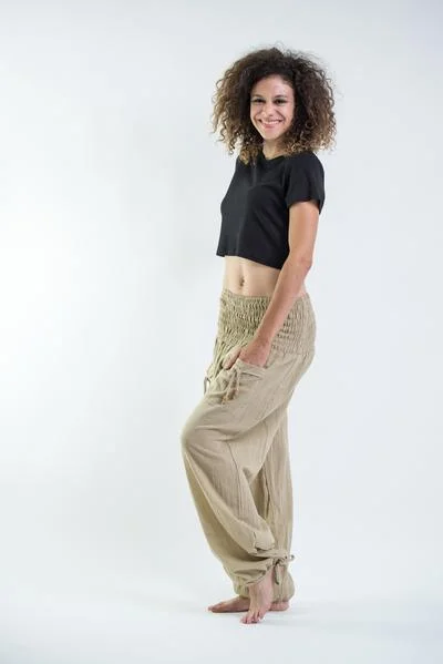 Weekend Extravaganza: Shop Now Womens Solid Color Smocked Waist Pants in Tan