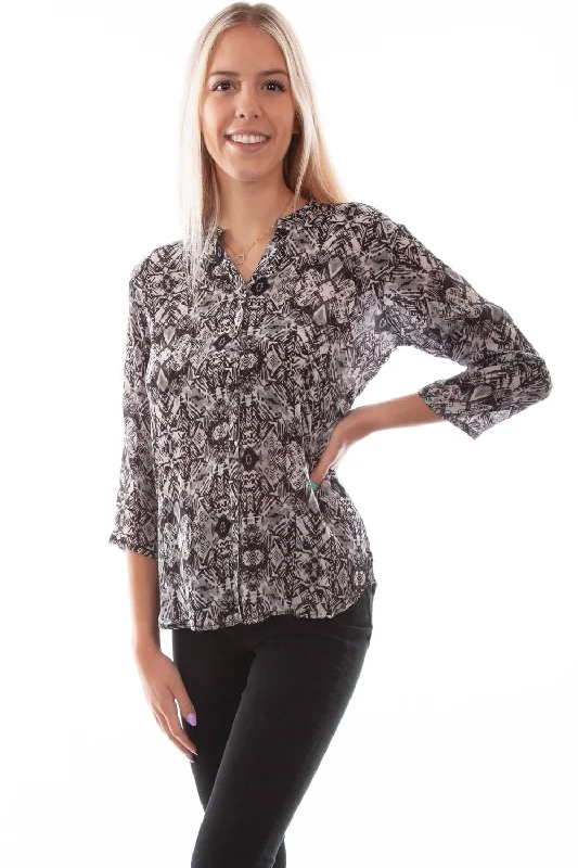 Discount Extravaganza Scully Womens Black Rayon Band Collar S/S Blouse