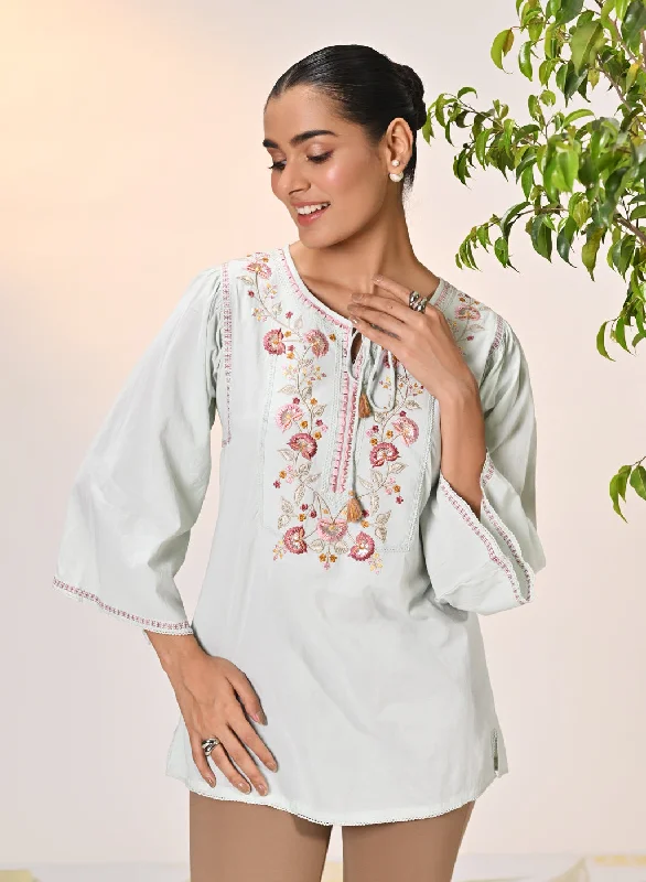 Weekend Discounts to Relish Elnaz Powder Blue Embroidered Top for Women