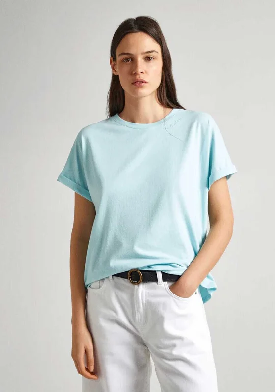 Weekend Offers That Sizzle Pepe Jeans Liu Embroidered Cotton T-Shirt, Aqua