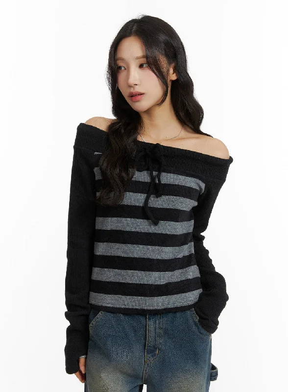 Year-End Clearance Off-Shoulder Striped Bowknot Top CJ417