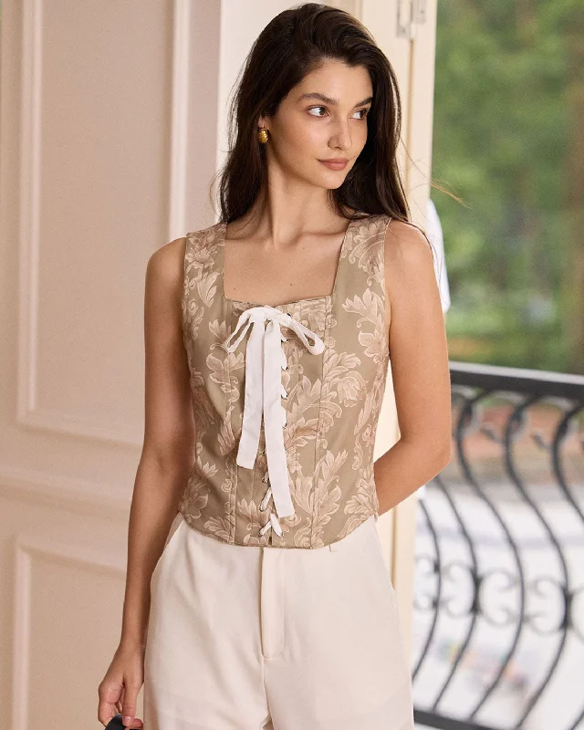 Epic Deals The Khaki Square Neck Lace-Up Floral Tank Top