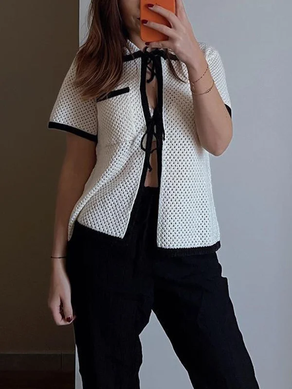 Overstock Sale Eyelet Contrast Graceful Trim Tie-Front Cardigan