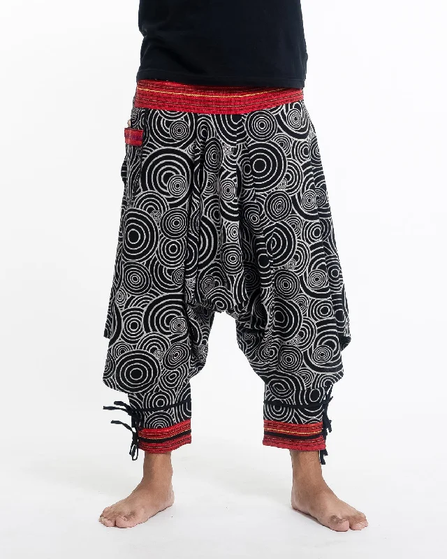 Amazing Deals Swirls Prints Thai Hill Tribe Fabric Drop Crotch Harem Pants with Ankle Straps in Black
