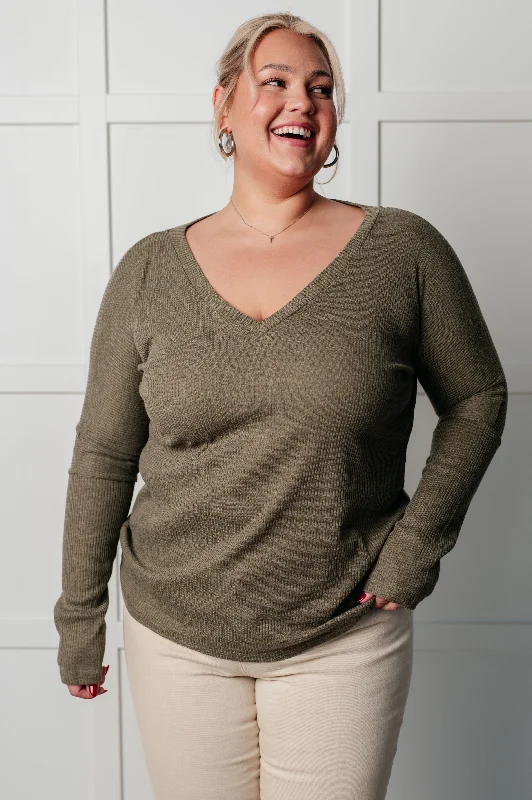 Savings Galore On a Roll Ribbed Knit V Neck Long Sleeve Top