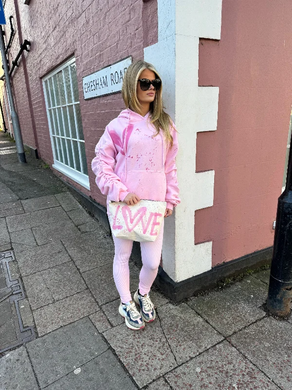 Weekend Special Pink Heart Pink Sprayed Ruched Hoodie