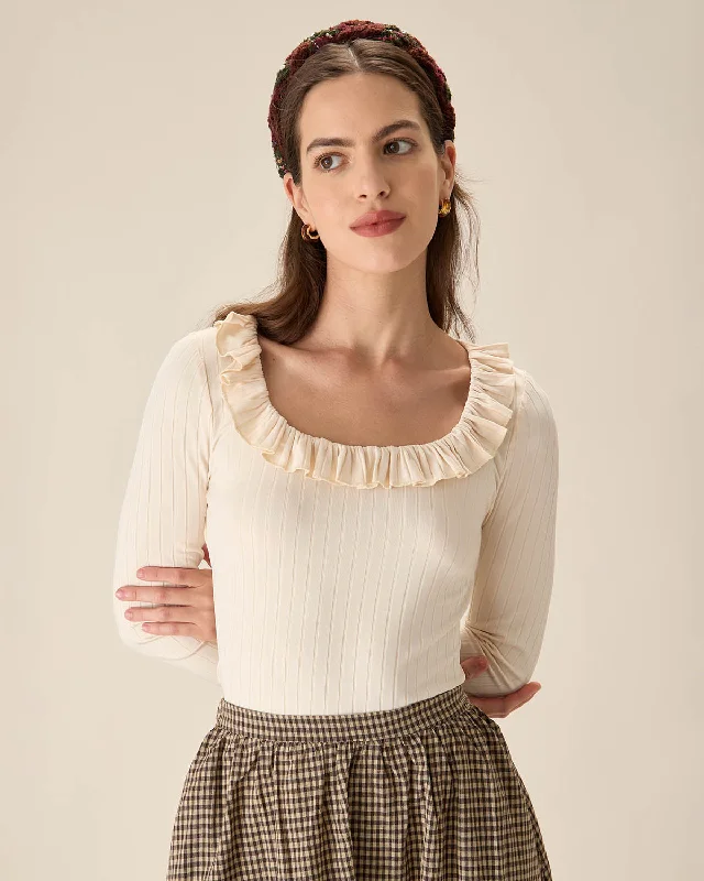 Hot Buy Beige Ruffle Slim Tee