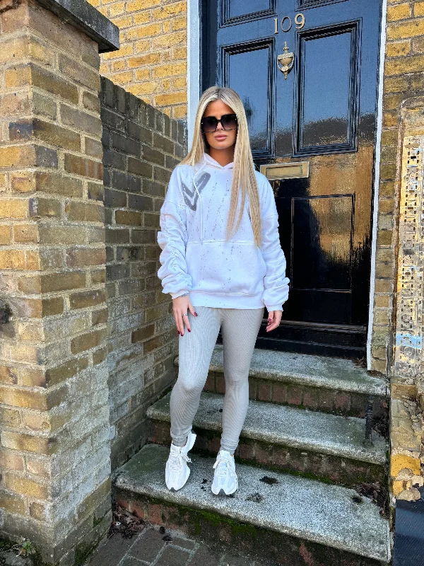 Limited Offer Grey Heart Sprayed White Ruched Hoodie