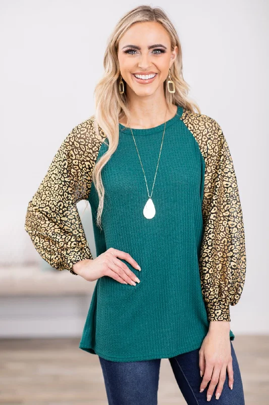 Shop and Save Emerald Green and Gold Animal Print Sleeve Top