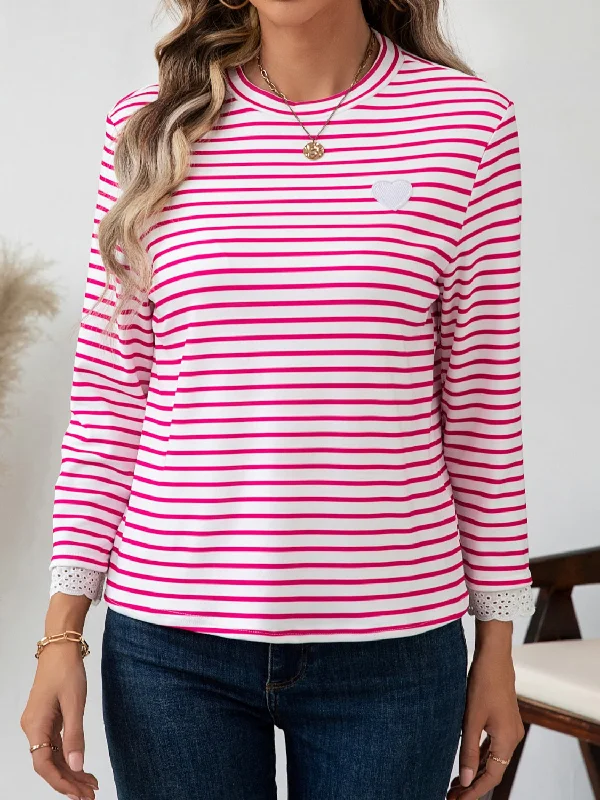 Weekend Deal Heart Striped Round Neck Long Sleeve T-Shirt
