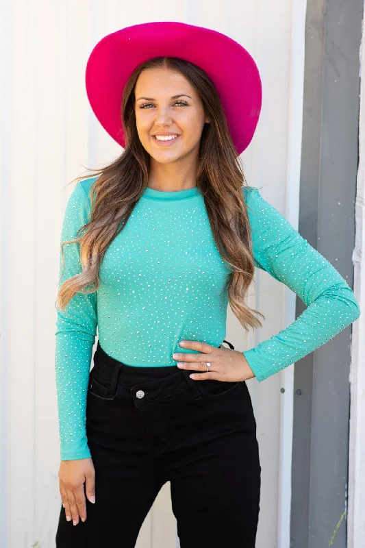 Massive Deals Mint Long Sleeve Bodysuit With Rhinestones