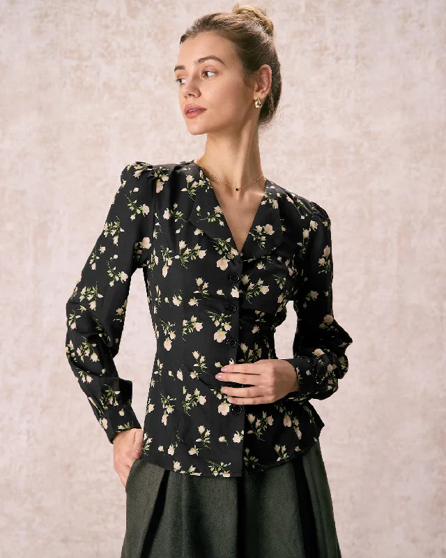 Amazing Value The Black V Neck Floral Long Sleeve Shirt