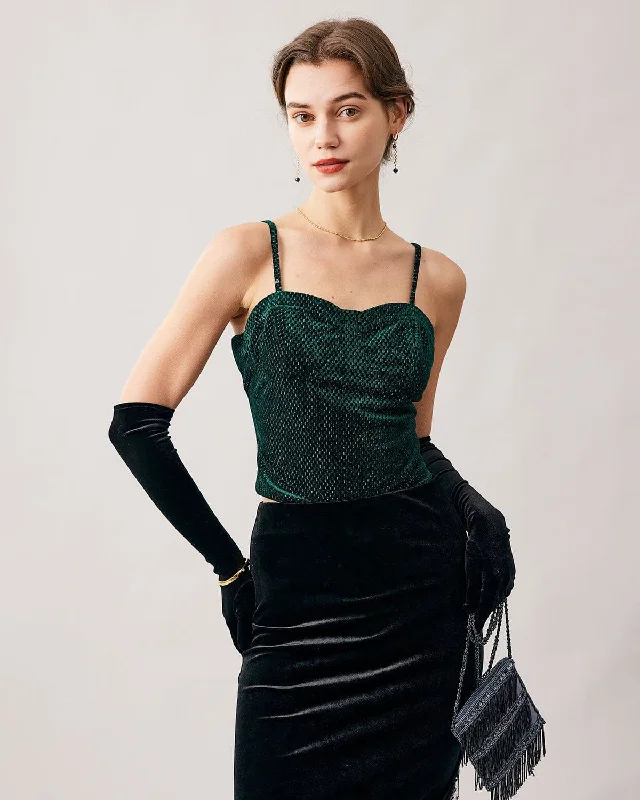 Midnight Madness The Green Sweetheart Neck Velvet Crop Cami Top
