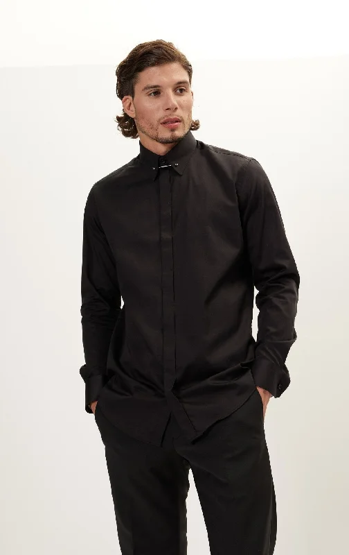 Collar Pin Hidden Placket Dress Shirt - Jet Black