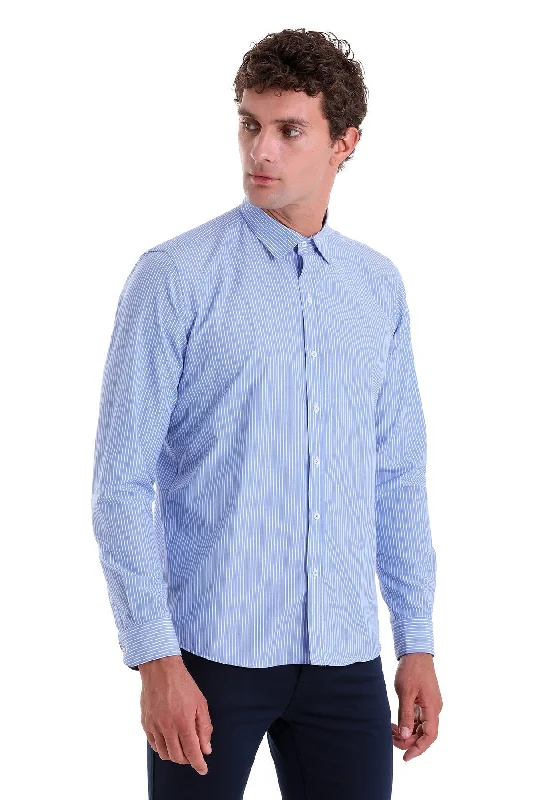 Comfort Fit Striped Cotton Blend Blue Dress Shirt