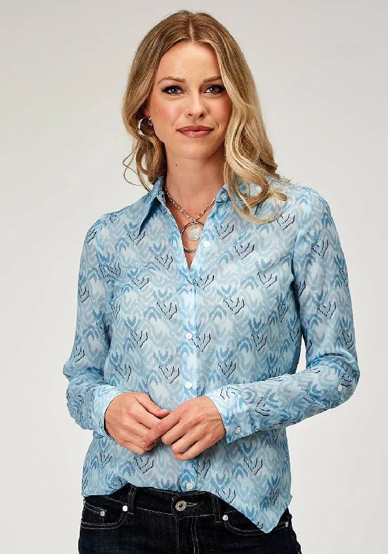 Weekend Specials to Delight Roper Womens 1978 Ikat Chevron Blue 100% Polyester L/S Shirt