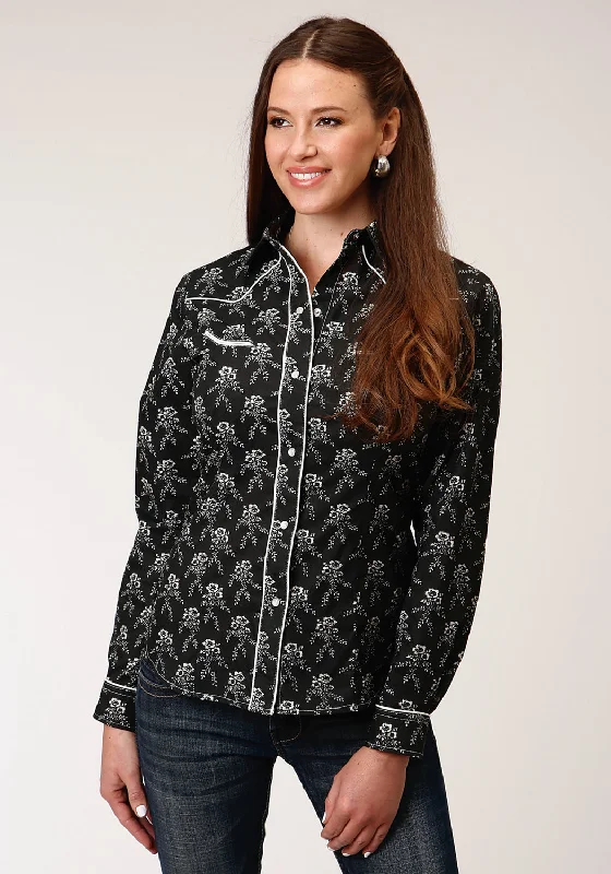 Weekend Bargains to Celebrate Roper Womens 1200 Floral Print Black/Cream Poly/Cotton Retro L/S Shirt