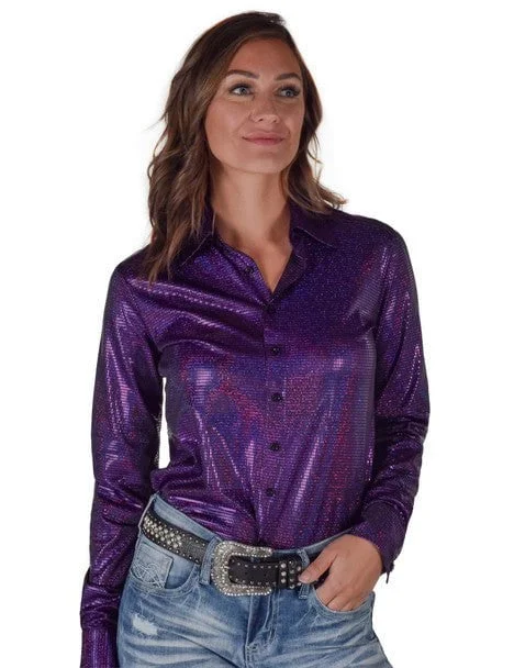 Hot Deal Cowgirl Tuff Womens Foil Lightweight Purple Polyester L/S Shirt