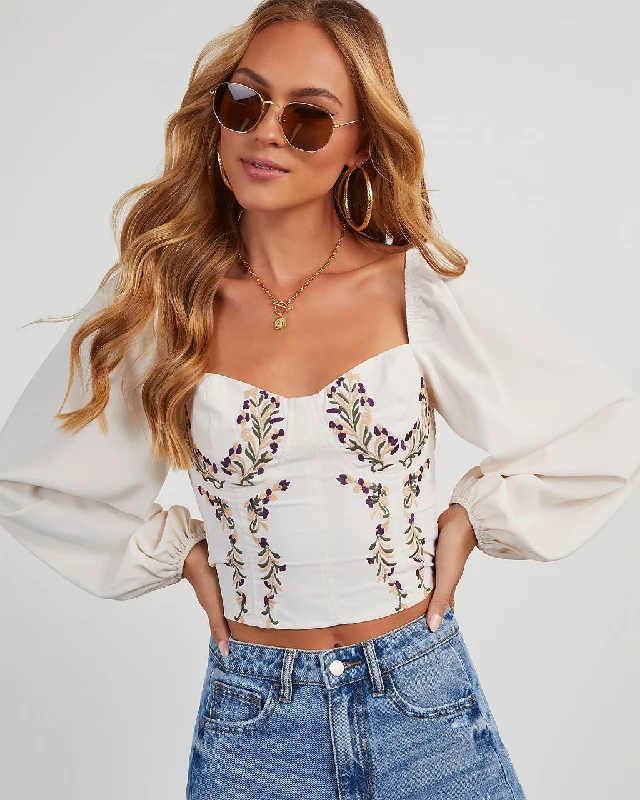 Quick Sale Velia Embroidered Corset Balloon Sleeve Top