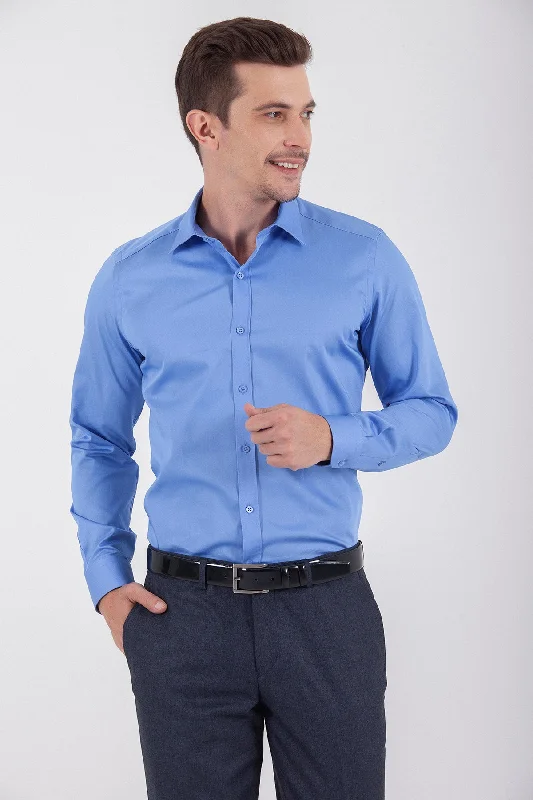 Slim Fit Long Sleeve Cotton Blue Dress Shirt