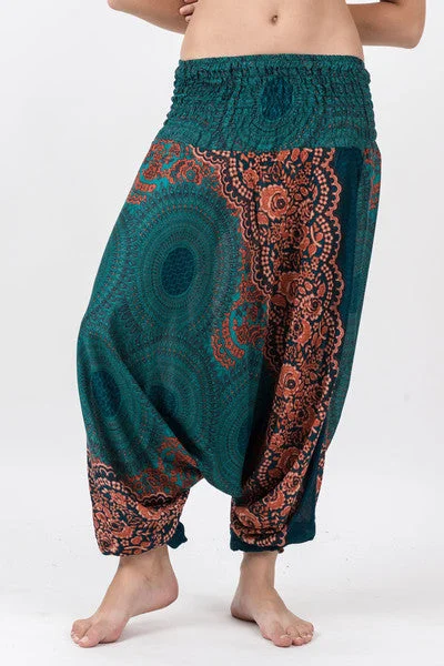 Instant Savings Unisex Geometric Mandalas Drop Crotch Jumpsuit Harem Pants in Turquoise
