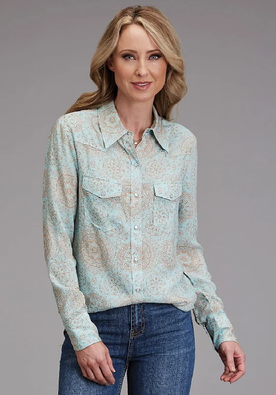 Final Markdown Stetson Womens 1986 Mandala Print Aqua 100% Rayon L/S Shirt