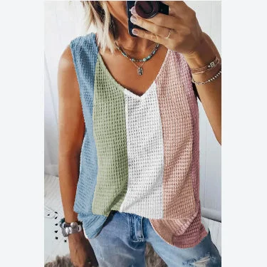Big Savings Fashion Sleeveless Waffle Collision Color Slim Summer Tank Tops Wholesale