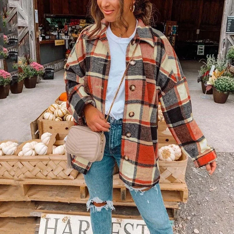 Anniversary Sale JuliaFashion - 2024 Women Oversized Checkered Autumn Plaid Shirt Jacket