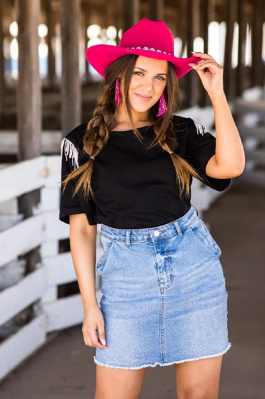 Weekend Extravaganza: Shop Now Black Short Sleeve Top With Beaded Fringe