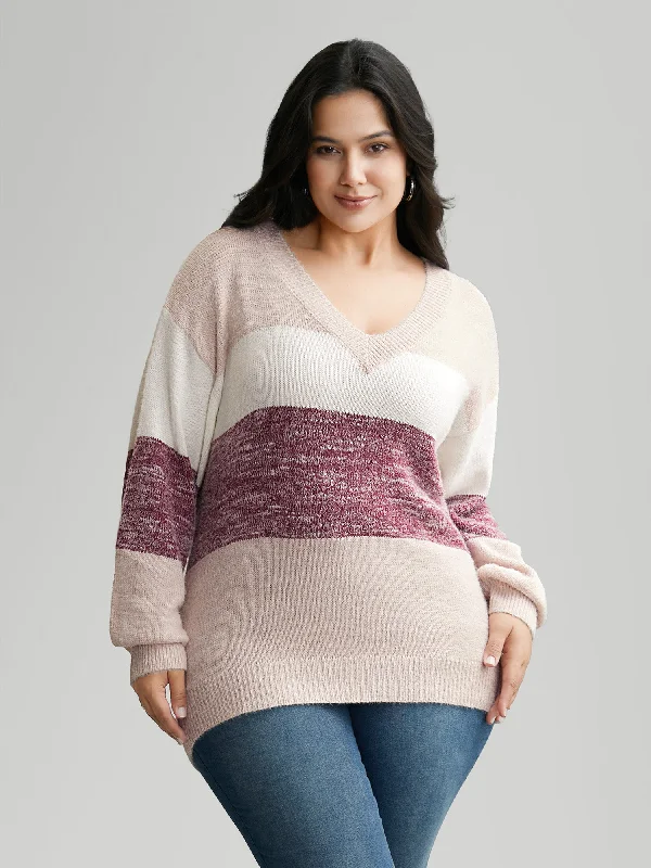 Weekend Special Colorblock Contrast Super Soft Plush Knit V Neck Pullover