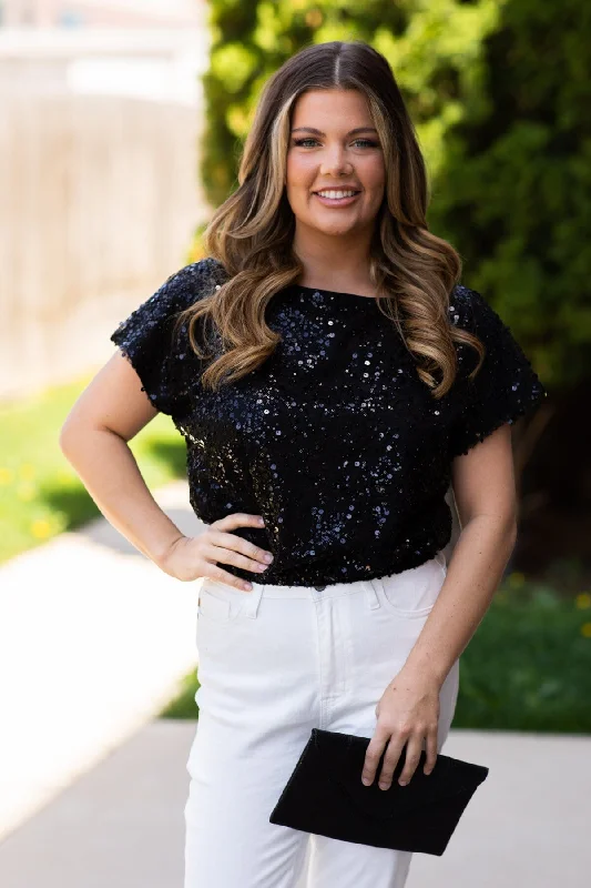 Sale Event Black Sequin Boat Neck Top