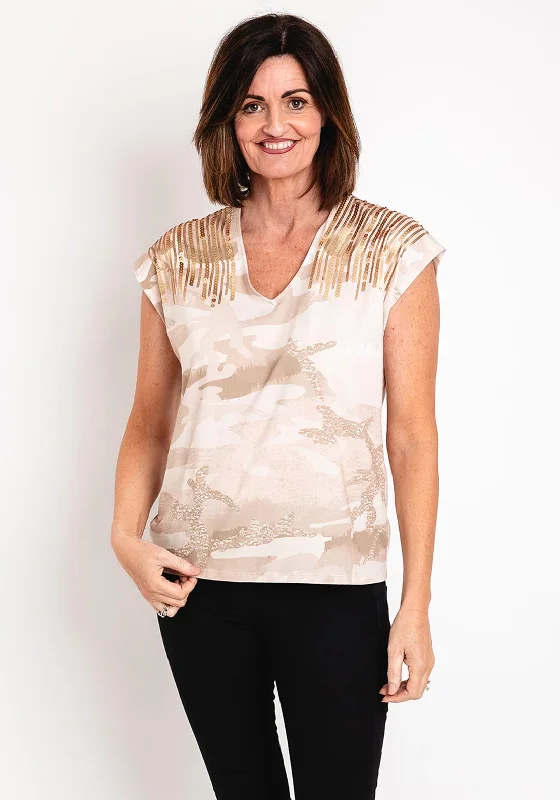 Special Savings Eva Kayan Camo Print Sequin Detail Top, Gold