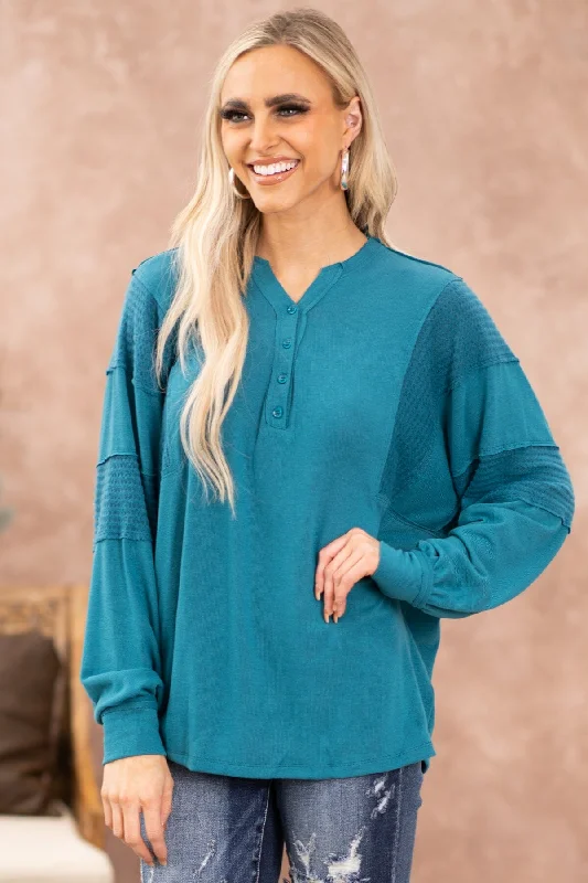 Price Slash Teal Reverse Seam Detail V-Neck Top