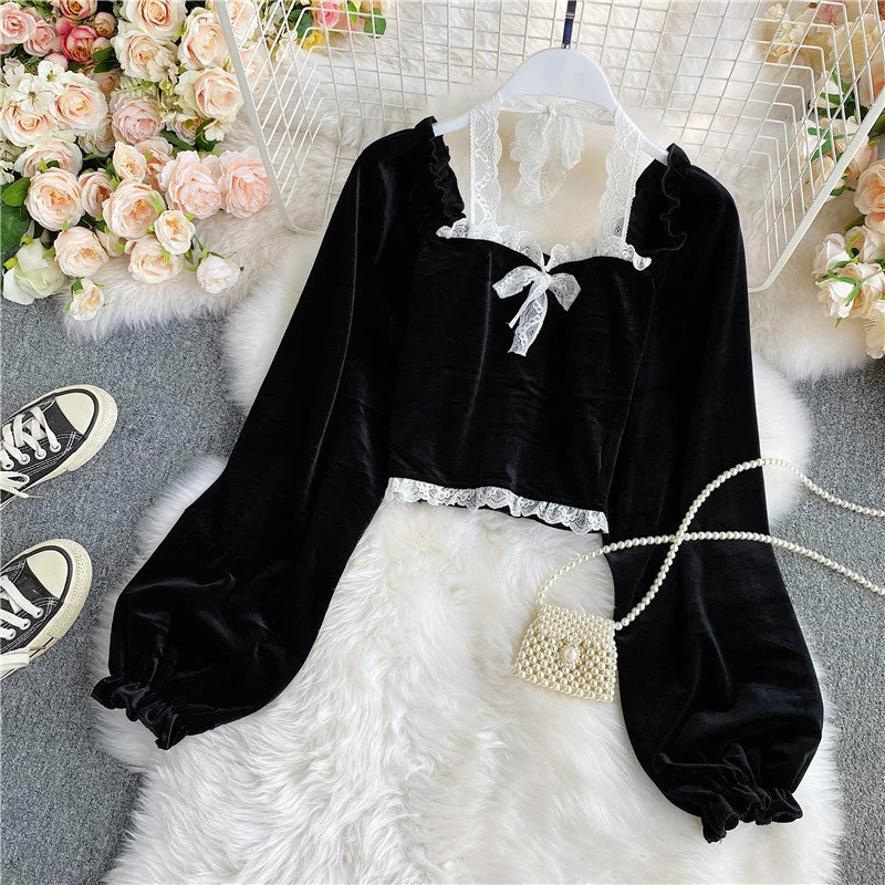 Weekend Deals That Please Black velvet long sleeve tops  319