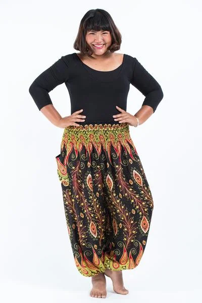 Weekend Shopping Bliss Plus Size Unisex Peacock Paisley Harem Pants in Black