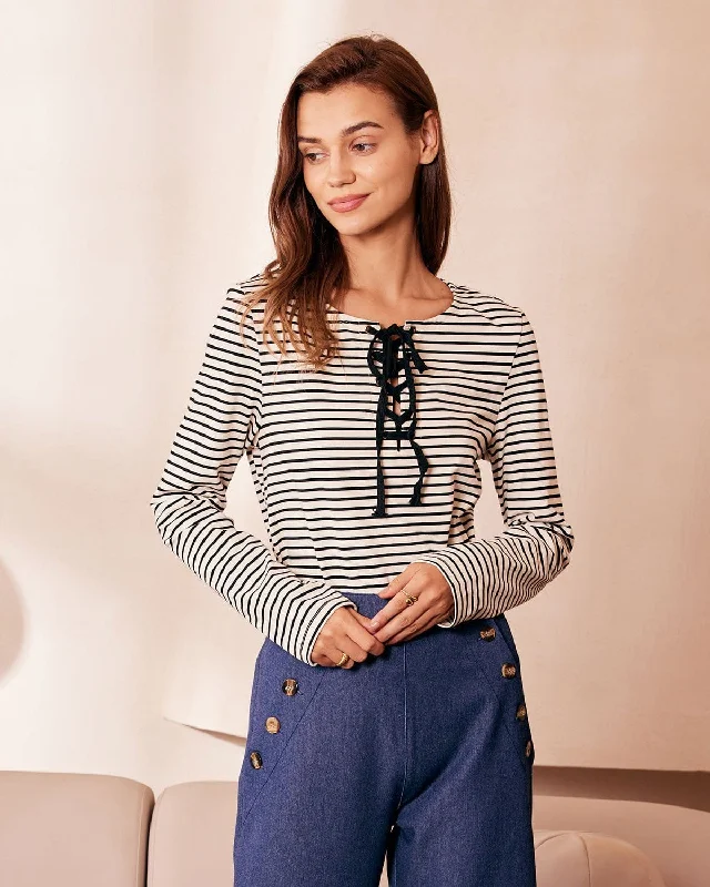 TIME-Limited Offer The White Tie Neck Striped Long Sleeve Tee