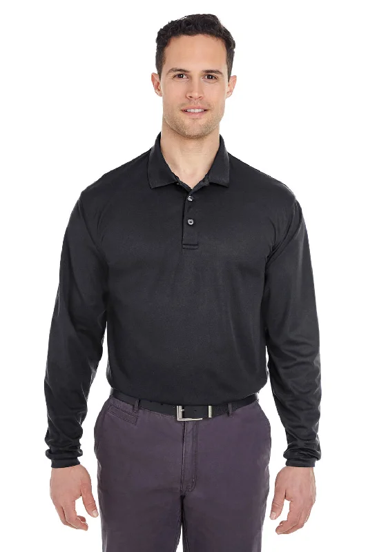 UltraClub Mens Cool & Dry Moisture Wicking Long Sleeve Polo Shirt - Black