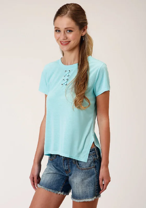 Price Cut Roper Womens Light Turquoise Poly/Rayon Grommets S/S T-Shirt