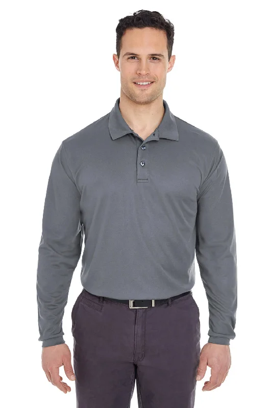 UltraClub Mens Cool & Dry Moisture Wicking Long Sleeve Polo Shirt - Charcoal Grey