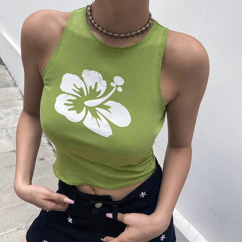 Lowest Price Sexy Print Sleeveless Tops Slim Crew Neck Wholesale Crop Tops