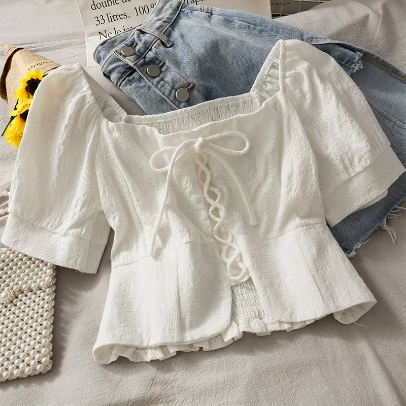 Best Choice Cute lace up short sleeve top crop tops  296