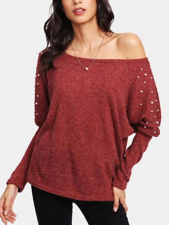 Year-End Sale Wholesale Rust Round Neck One Shoulder Long Sleeve Handmade Beaded Top
