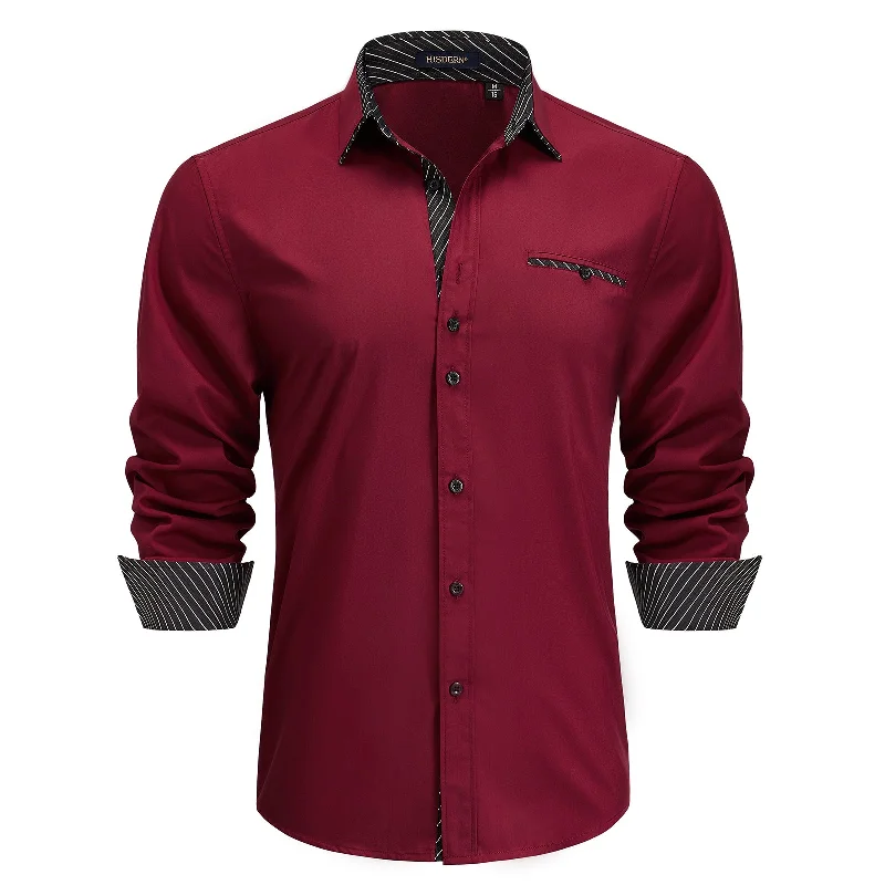 Men's Patchwork Dress Shirt with Pocket - A-03 BURGUNDY/BLACK