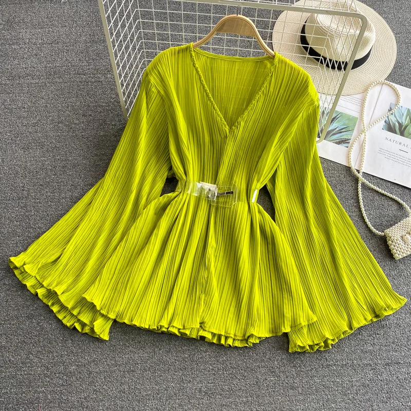 Weekend Special New v-neck pleated chiffon flared sleeve top  312